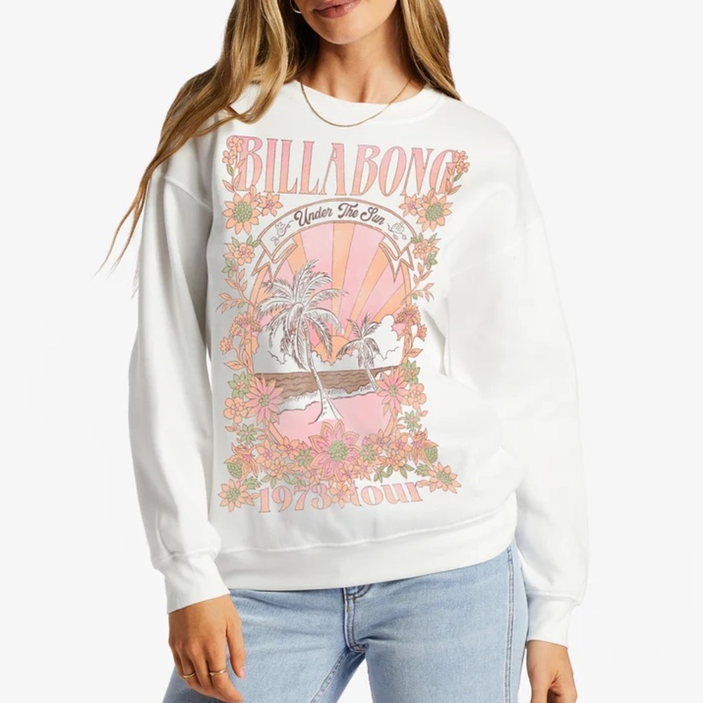 Billabong - White Floral Beach Print Graphic Crewneck Sweater